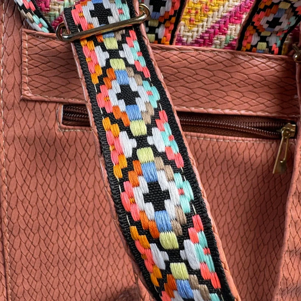 Boho Mini Backpack Terracotta Faux Leather Woven Geometric Pom Pom Trim Pink